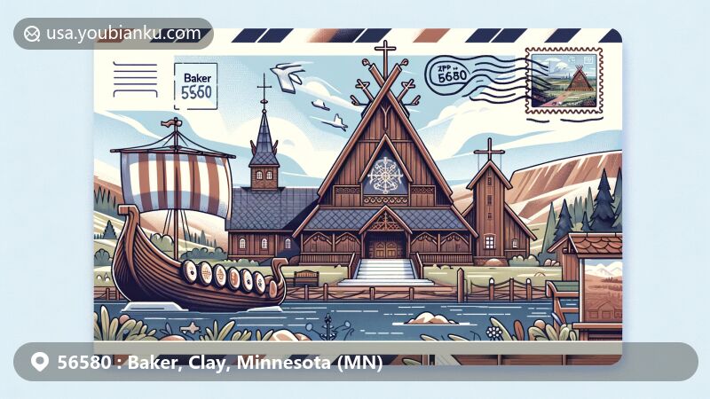 Vibrant illustration of Clay County, Minnesota, with a replica of a Norwegian Stave church and a Viking ship from the Hjemkomst Center, reflecting Nordic immigrant culture, surrounded by natural landscapes and landmarks, and featuring postal elements with ZIP code 56580.