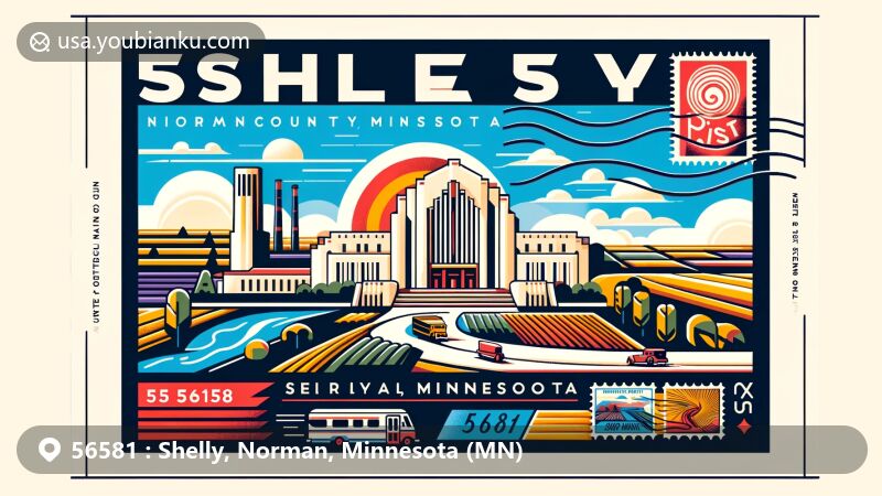 Modern illustration of Shelly, Norman County, Minnesota, featuring Red River History Museum in Art Deco style, rural landscapes, and postal elements like stamps and ZIP code 56581.