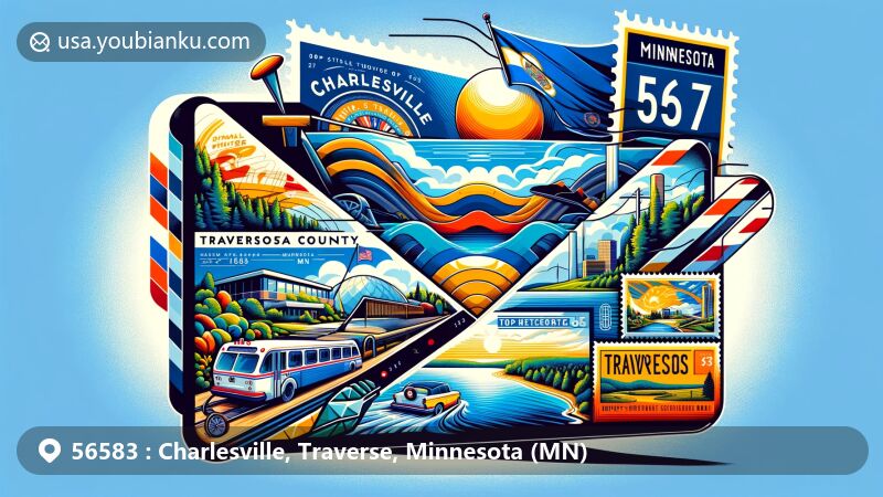 Modern illustration of Charlesville, Traverse County, Minnesota, highlighting postal theme with airmail envelope, featuring MN state flag, Lake Traverse, county outline, and cultural symbols.