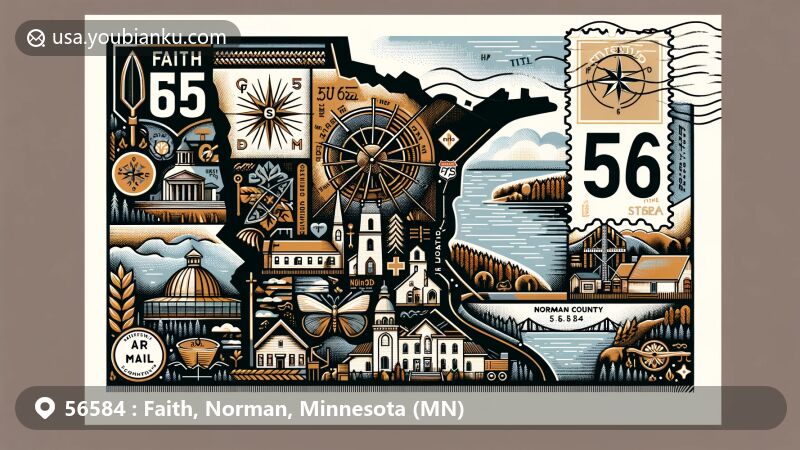Modern illustration of Faith, Norman County, Minnesota, with postal theme showcasing ZIP code 56584, featuring local landmarks, cultural symbols, and prominent natural features like the Red River and Home Lake.