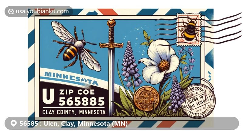 Modern illustration of ZIP Code 56585 in Ulen, Clay County, Minnesota, showcasing Viking sword symbol, Minnesota state flag, white lady slipper flowers, rusty patched bumblebee, and postcard theme.
