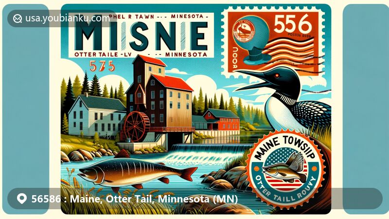 Modern illustration of Maine Township, Otter Tail County, Minnesota, showcasing a scenic landscape with Phelps Mill on Otter Tail River, featuring a postcard highlighting the state bird, the Loon, and state fish, the Walleye, along with a vintage stamp and clear postmark.