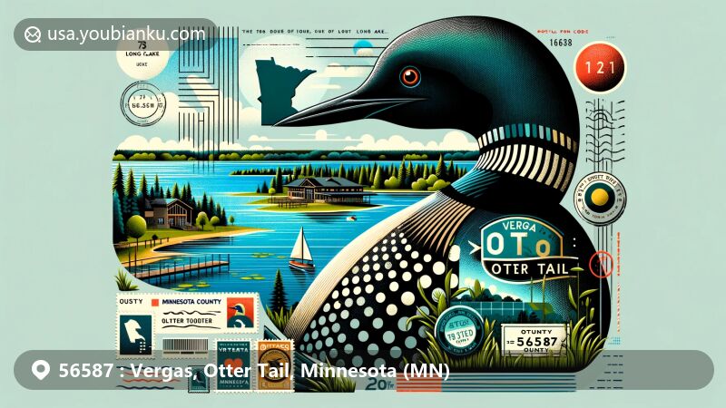 Vibrant illustration of Vergas, Otter Tail County, Minnesota, featuring a 20-foot loon replica representing the state bird, Long Lake, blue lakes, and lush greenery, with postal elements and ZIP code 56587.