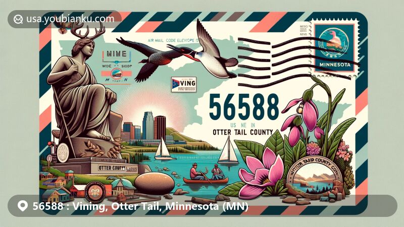 Modern illustration of Vining, Otter Tail County, Minnesota, showing postal theme with ZIP code 56588, featuring Minnesota state flag, the Common Loon, Pink and White Lady's Slipper flower, Big Foot statue, Otter Tail Lake, and Otter Tail County outline.