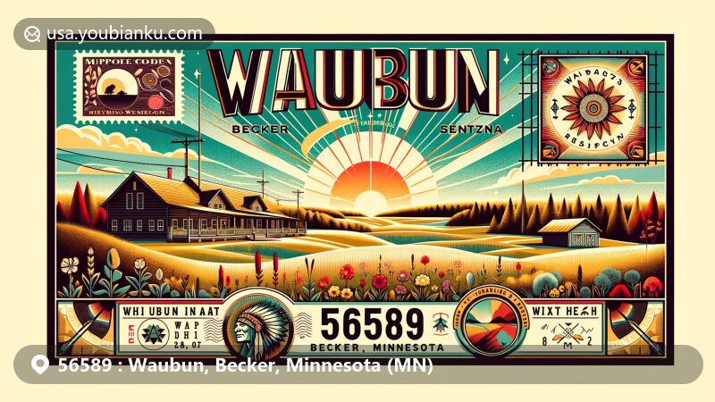 Modern illustration of Waubun, Becker, Minnesota, showcasing White Earth Indian Reservation, native culture, and natural beauty with fields, wildflowers, hills, and Ojibwe tribal symbol.