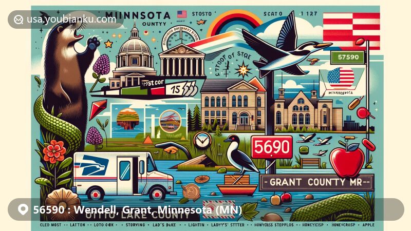 Modern illustration of Wendell, Grant County, Minnesota, featuring postal theme with ZIP code 56590, including Otto the Big Otter, Lighting Lake Park, Grant County Courthouse, and Minnesota state symbols.