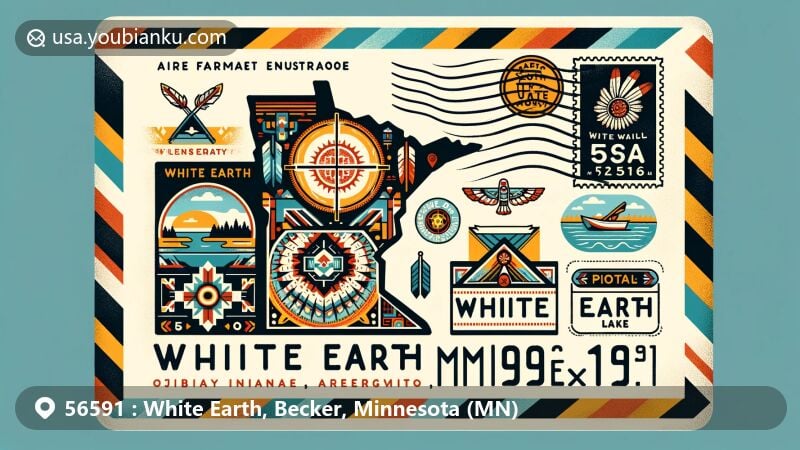 Modern illustration of White Earth area in Becker County, Minnesota, featuring airmail envelope design with Ojibwe-style patterns and postal elements, highlighting ZIP code 56591 and White Earth Indian Reservation.