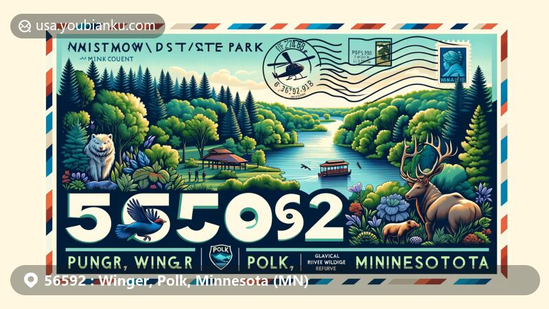 A modern artistic depiction of ZIP Code 56592 in Winger, Polk County, Minnesota, resembling an airmail postcard with scenic views of Maplewood State Park, Buffalo River State Park, and wildlife from Glacial Ridge National Wildlife Refuge.
