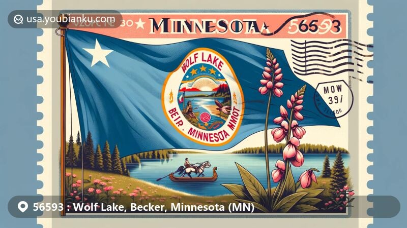 Modern illustration of Wolf Lake, Becker, Minnesota, showcasing postal theme with ZIP code 56593, featuring tranquil natural landscape and Minnesota state flag with Native American, pioneer, state flower, and 19 stars.