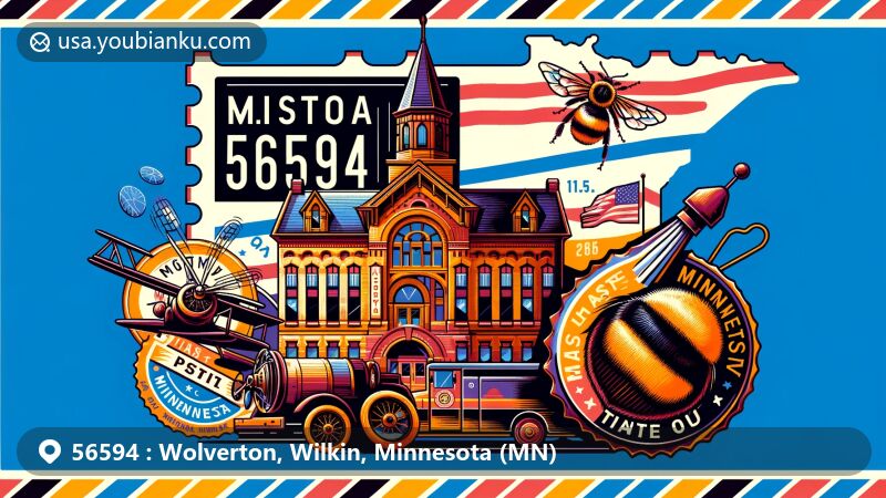 Modern illustration of Wolverton, Wilkin, Minnesota, featuring 1906 Wolverton Public School, state flag, rusty patched bumblebee, and postal elements in a vibrant airmail envelope design.
