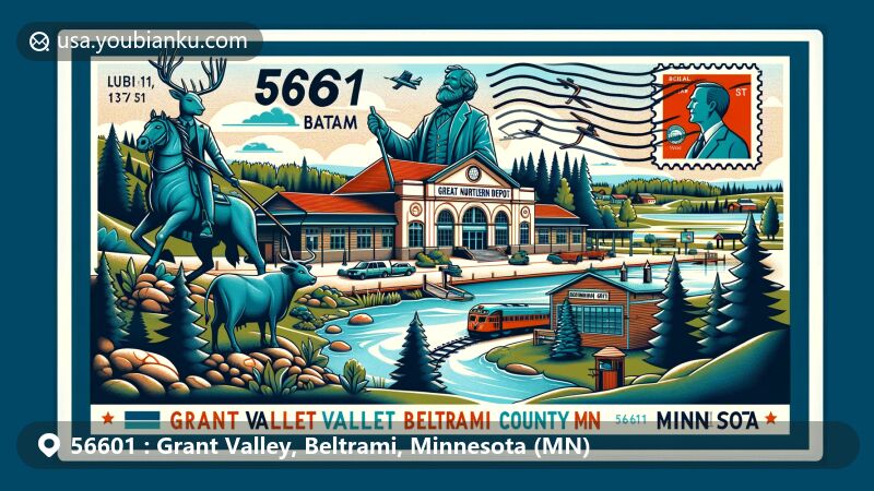 Modern illustration of Grant Valley, Beltrami, Minnesota, featuring Great Northern Depot, Paul Bunyan and Babe statues, natural landscape elements, and postal theme with ZIP code 56601.