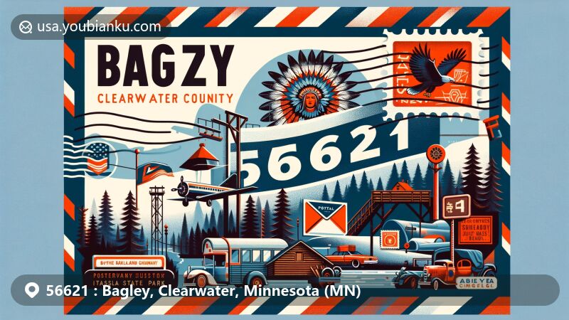 Modern illustration of Bagley, Clearwater County, Minnesota, highlighting postal theme for ZIP code 56621, featuring Ojibwe culture, logging industry, and Itasca State Park.