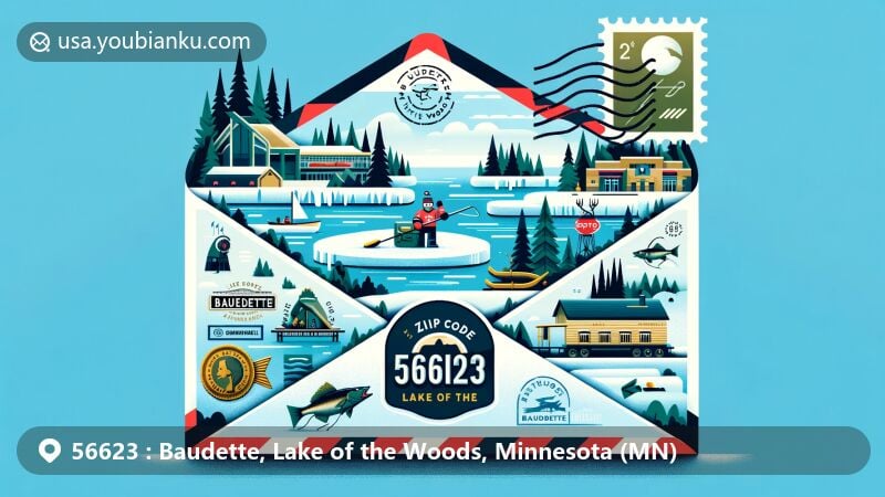 Contemporary illustration of Baudette, Lake of the Woods, Minnesota, inspired by an airmail envelope and showcasing winter landscape with frozen lakes and forests. Includes iconic landmarks like Willie the Walleye statue and Lake of the Woods County Museum.