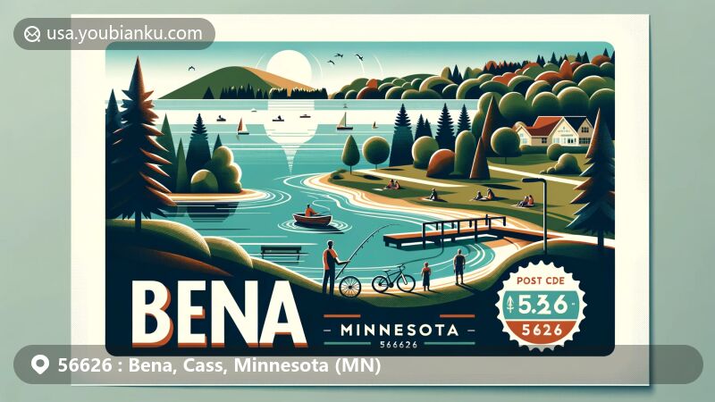 Contemporary illustration of Bena, Minnesota, showcasing lakeside and forest scenery, outdoor activities like fishing and cycling, and postal elements with ZIP code 56626.