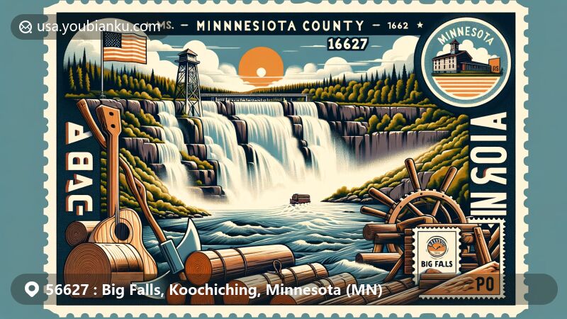 Modern illustration of Big Falls, Koochiching County, Minnesota, highlighting scenic views of Big Falls waterfall, Big Fork River, and Koochiching County landscape, incorporating Minnesota state flag and logging history symbols.
