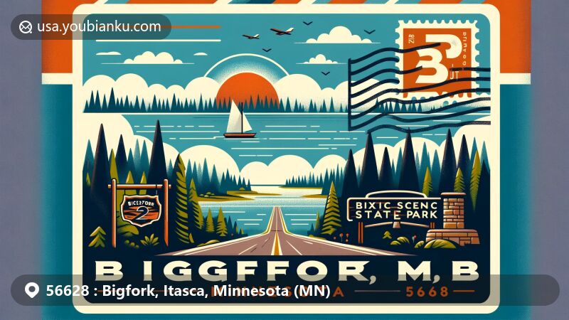 Modern illustration of Bigfork, Minnesota, highlighting airmail theme with key postal elements and Scenic State Park entrance, featuring lakes, forests, and ZIP code 56628.