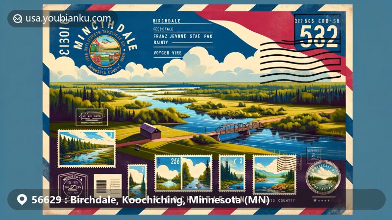 Modern illustration of Birchdale, Koochiching County, Minnesota, featuring Franz Jevne State Park, Rainy River, Voyageurs National Park, and Minnesota state flag, blending postal elements with natural beauty.