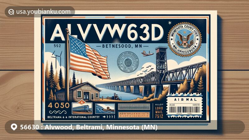 Modern illustration of Alvwood, Beltrami County, Minnesota, showcasing postal theme with ZIP code 56630, featuring Minnesota state flag and historical railway trestle, Beltrami County History Center, Chippewa National Forest, and Blackduck State Forest.