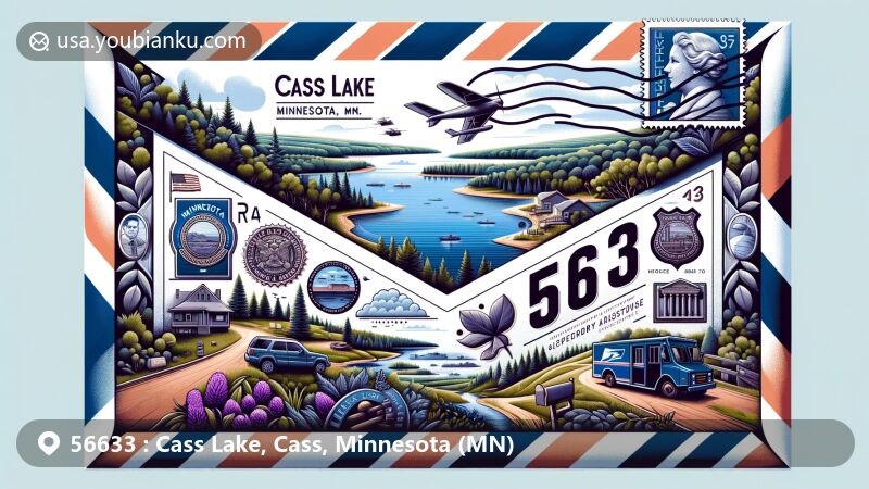 Modern illustration of Cass Lake, Cass County, Minnesota, featuring airmail envelope design with scenic beauty of Leech Lake, state seal, purple clover, and postal elements like stamp, postmark, ZIP Code 56633.
