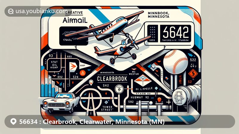Modern illustration of Clearbrook, Minnesota, showcasing airmail envelope with ZIP code 56634, map outline with major streets like State Highway 92 and Tower Street, featuring oil pipeline junction and baseball icon representing local industry and sports history.