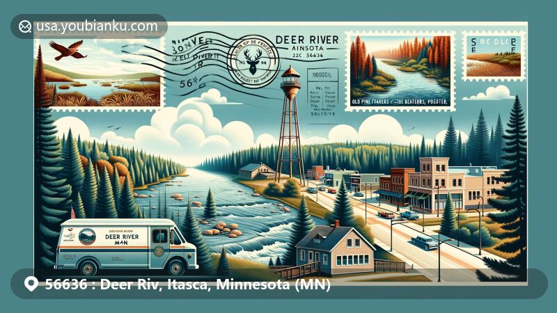 Modern illustration of Deer River, Minnesota, featuring Itasca State Park with ancient red pine forest, headwaters of the Mississippi River, and Aiton Heights fire tower, alongside town street view and vintage mail truck, encapsulating postal theme with ZIP code 56636.