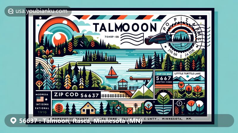 Modern illustration of Talmoon, Itasca County, Minnesota, showcasing postal theme with ZIP code 56637, featuring Chippewa National Forest, Little Turtle Lake, and diverse forests and lakes.