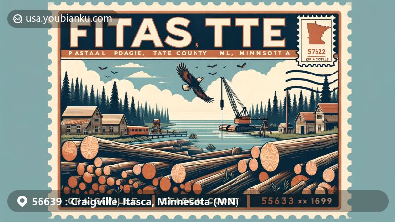 Modern illustration of Craigville and Effie, Itasca County, Minnesota, highlighting postal theme with ZIP code 56639, featuring natural beauty and logging history elements.