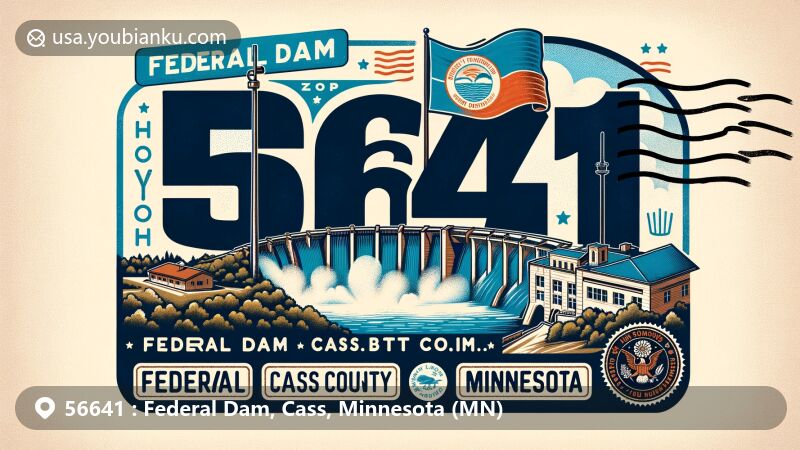 Contemporary depiction of Federal Dam, Cass County, Minnesota, emphasizing postal theme with ZIP code 56641, showcasing Leech Lake Reservoir Dam, Minnesota flag, local landmarks, and historic postal elements.