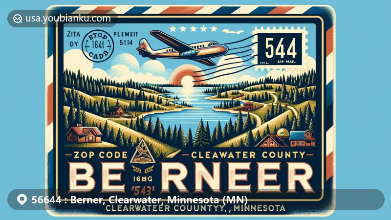 Vibrant illustration of Berner, Clearwater County, Minnesota, showcasing vintage airmail envelope with ZIP code 56644, highlighting picturesque landscapes with forests and lakes, and rural tranquility of the township.