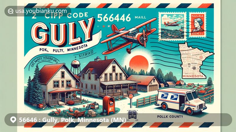 Vintage-style illustration of Gully, Polk County, Minnesota, featuring air mail envelope with ZIP code 56646, showcasing town charm and natural beauty.