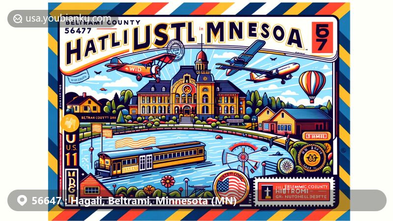 Modern illustration of Hagali, Beltrami County, Minnesota, showcasing postal theme with ZIP code 56647, featuring Hagali Lake and Beltrami County History Center in the Great Northern Depot.