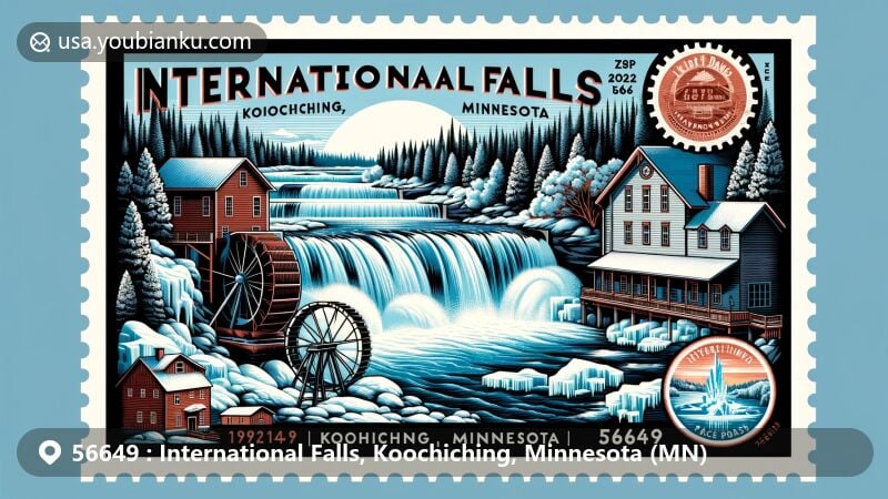 Modern illustration of International Falls, Koochiching County, Minnesota, featuring Rainy River, waterfalls, paper mill, waterwheel, and Icebox Days festival elements, with postal theme and ZIP code 56649.
