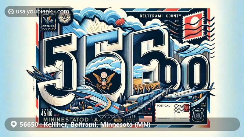 Modern illustration of Kelliher, Beltrami County, Minnesota, showcasing postal theme with ZIP code 56650, featuring iconic airmail envelope design and elements like a postal stamp and postmark.