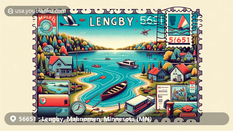 Modern illustration of Lengby, Polk County and Mahnomen County in Minnesota, showcasing postal theme with ZIP code 56651, featuring Island Lake and community life.