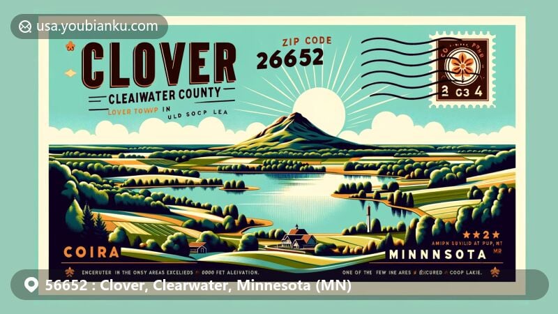 Modern illustration of Clover Township, Clearwater County, Minnesota, showcasing picturesque landscape with rolling hills, lakes, and greenery, emphasizing rural charm and natural beauty.