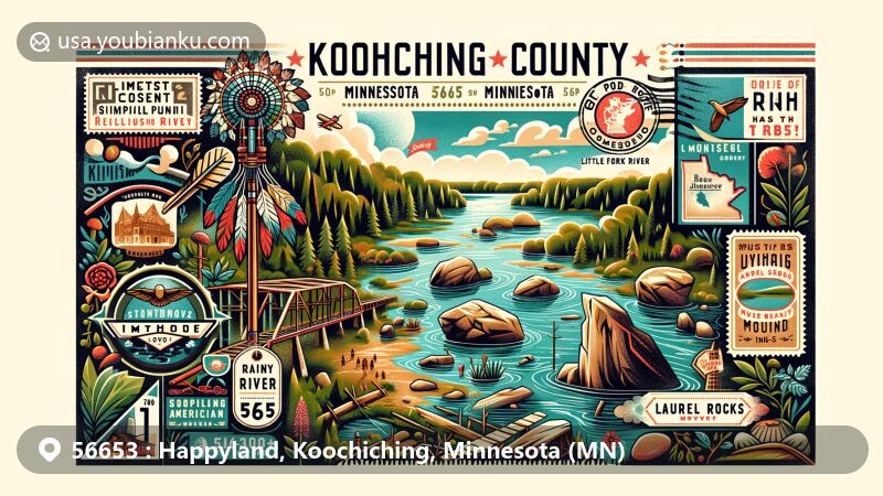 Vintage-style illustration of Happyland, Koochiching County, Minnesota, embracing scenic beauty, historical sites, and cultural elements, featuring Rainy River, Laurel Mounds, Native American culture, and ZIP code 56653.