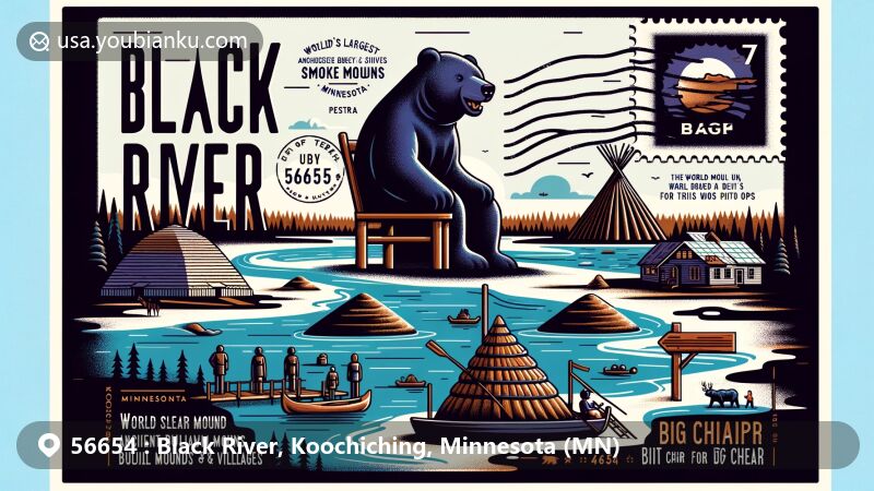 Modern illustration of ZIP code 56654 area, Koochiching County, showcasing Black River with dark-colored water, Grand Mound Historic Site, Smokey Bear statue, and The Big Chair.