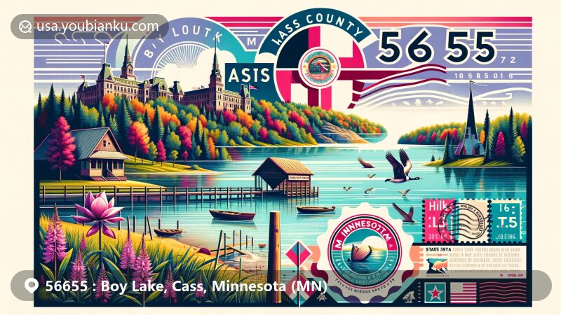 Modern illustration of Boy Lake, Cass County, Minnesota, highlighting postal theme with ZIP code 56655, showcasing iconic landmarks and Minnesota state symbols.