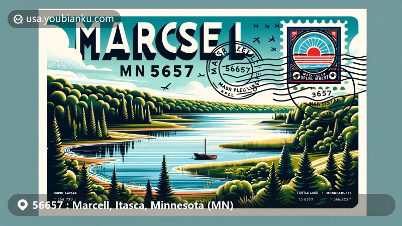 Modern illustration of Marcell, Itasca County, Minnesota, highlighting ZIP code 56657 and Chippewa National Forest, featuring Turtle Lake and a postcard design with postal stamp, postmark, and local landscape elements.