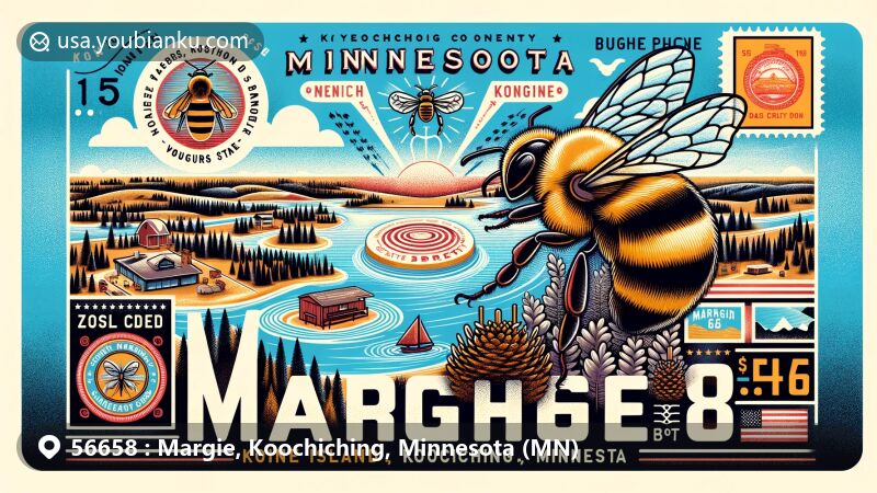 Modern illustration of Margie, Koochiching, Minnesota, highlighting postal theme with ZIP code 56658, showcasing Pine Island State Forest, Voyageurs National Park, Minnesota state flag, and rusty patched bumblebee.
