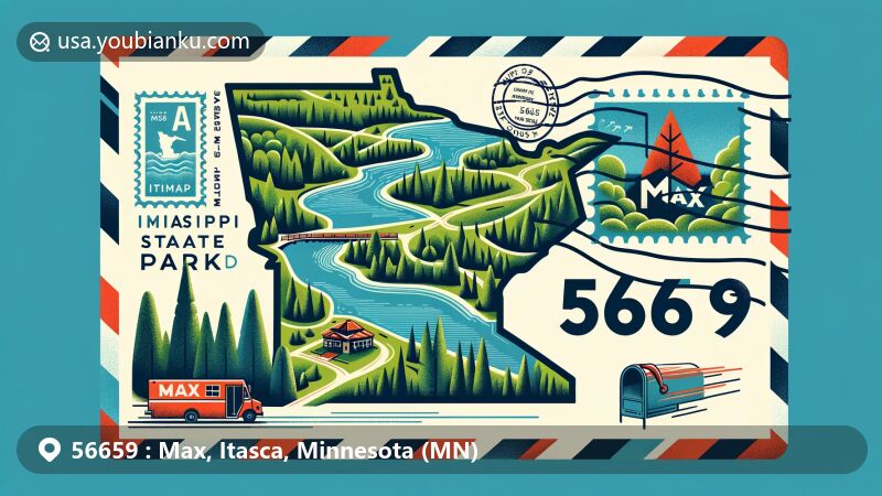 Modern illustration of Itasca State Park and Max community in ZIP Code 56659 area, styled as a postcard with postal elements like stamps, postmark, mailbox, and mail truck.