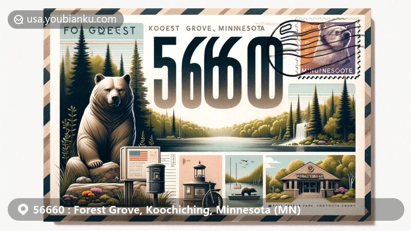 Modern illustration of Forest Grove, Koochiching County, Minnesota, displaying natural and postal features with Voyageurs National Park, Smokey Bear Park, and artistic postal elements.