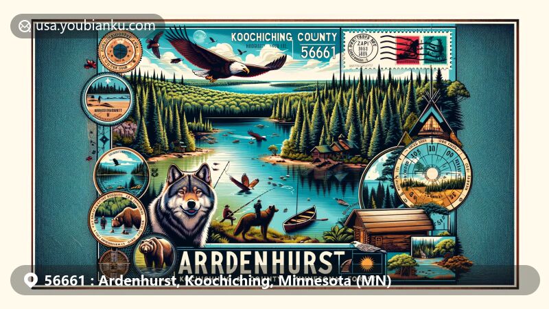 Vintage postcard illustration of Ardenhurst and Koochiching County, Minnesota, featuring Island Lake in Chippewa National Forest, fishing, hiking, grey wolves, bald eagles, black bears, and ZIP Code 56661.