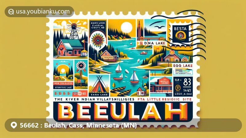 Modern illustration of Beulah, Cass County, Minnesota, in postcard format with ZIP code 56662, showcasing lakes including Edna Lake, Egg Lake, and Little Reservoir Lake, along with cultural sites like Knife River Indian Villages and Lewis & Clark Interpretive Center.