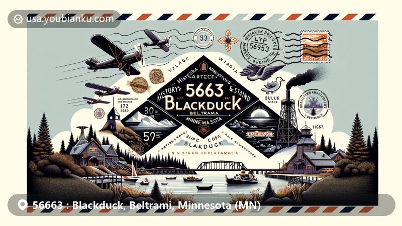 Artistic depiction of ZIP code 56663, Blackduck, Beltrami, Minnesota, showcasing airmail envelope design with stamps and postmarks, featuring local landmarks and cultural symbols.