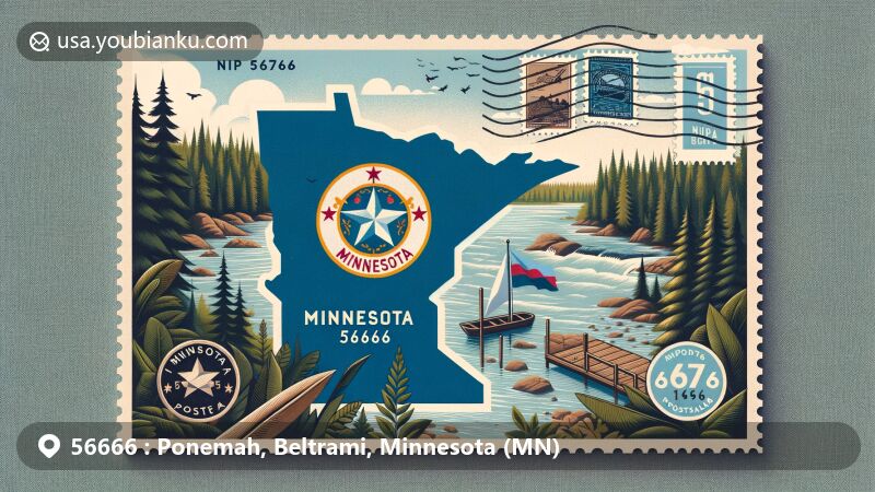 Modern illustration of Ponemah, Minnesota, highlighting natural scenery with forests and rivers, featuring postcard of Minnesota flag with light blue background, dark blue outline, central eight-pointed star, and postal elements.