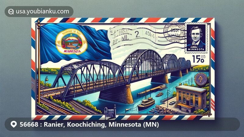 Modern illustration of Ranier Railroad Bridge and Minnesota State Flag on an airmail postcard, featuring postal theme with ZIP code 56668 and postal elements, capturing the essence of Ranier, Minnesota.