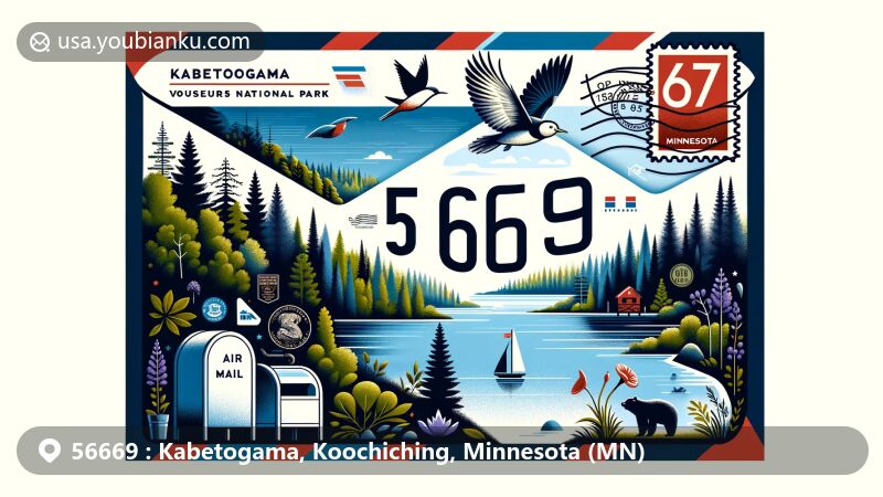 Colorful illustration for ZIP code 56669, Kabetogama, Koochiching, Minnesota, showcasing airmail envelope with scenic beauty of Voyageurs National Park, including lakes, forests, and Minnesota state symbols.