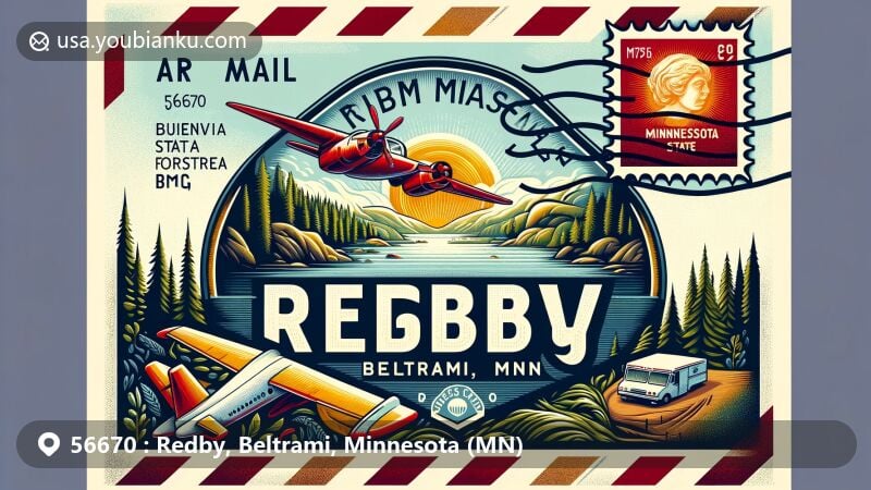Modern illustration of Redby, Minnesota, inspired by air mail envelope design with ZIP code 56670, showcasing scenery resembling Buena Vista State Forest and incorporating Minnesota state flag.
