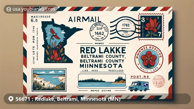 Modern illustration of Redlake, Beltrami County, Minnesota, with ZIP code 56671, featuring Minnesota state symbols like state seal and Lady Slipper, Red Lake Indian Reservation map, lakes, and postal elements.